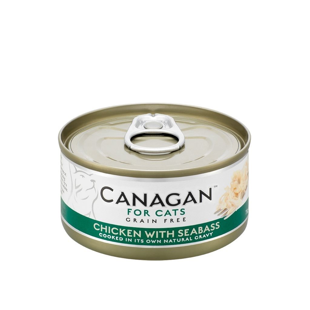 24 罐優惠套裝 - Canagan Chicken with Seabass 無穀物 雞肉伴鱸魚 肉絲貓罐 (深綠) 75g
