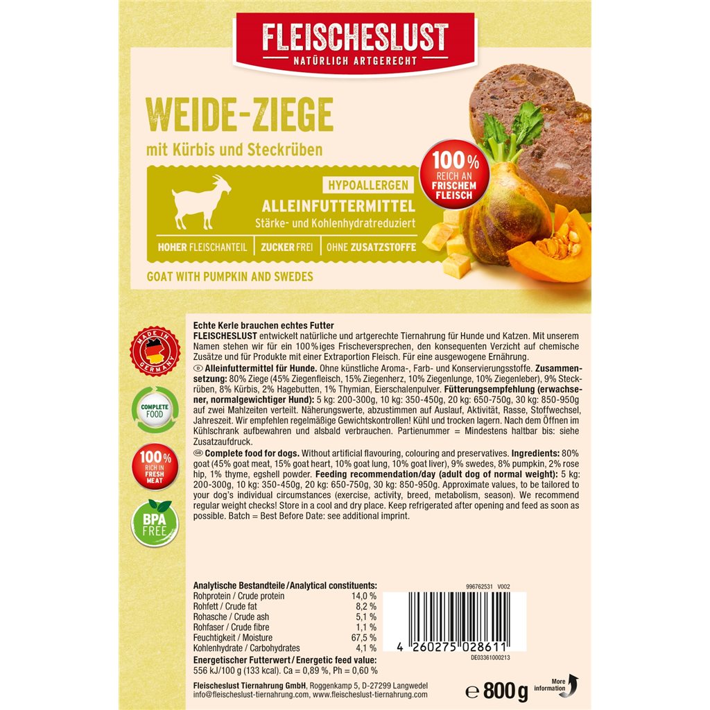 Fleischeslust原尾煮易800g  - 鮮味無穀物抗敏系列 (山羊+南瓜+大頭菜)  - 缺貨中