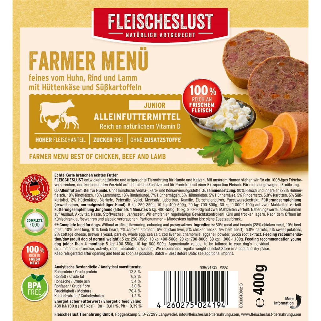 Fleischeslust原尾煮易400g - Farmer Menu 鮮味無穀物系列配方 (雞、羊、牛、茅屋芝士)  - 缺貨中